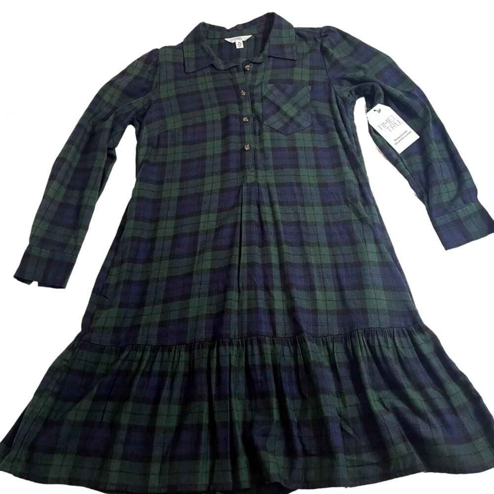 Time and Tru Women's Plaid Mini Dress with Long-Sleeves Western Casual Oversized
